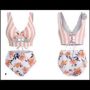 Two Piece High Waist Swimsuit Medium Stripe Floral